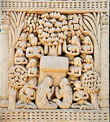 Image 2King Bimbisara of Magadha visits the Bamboo Garden (Venuvana) in Rajagriha; artwork from Sanchi. (from History of gardening)