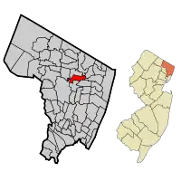 Location of Emerson in Bergen County highlighted in red (left). Inset map: Location of Bergen County in New Jersey highlighted in orange (right).