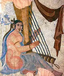 Woman playing an angular harp in a c. 260 AD Sassanid era mosaic excavated at Bishapur