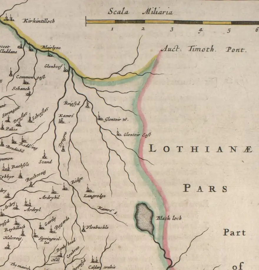 Longriggend from Blaeu's map based on Pont's original It is near the top right of the map and Langrodge is about three squares left of the Black Loch.