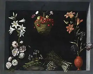Still Life with Flowers, Vegetables and a Basket of Cherries, c. 1600, 89 × 109&nbsp;cm, private collection of David David-Weill's family.