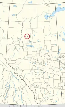 A map of the province of Alberta showing 80 counties and 145 small Indian reserves. One is highlighted with a red circle.