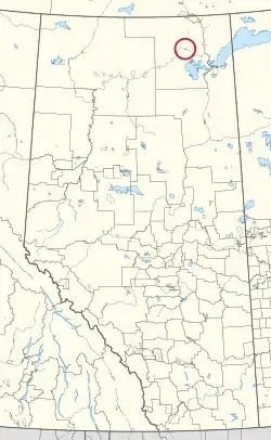 A map of the province of Alberta showing 80 counties and 145 small Indian reserves. One is highlighted with a red circle.