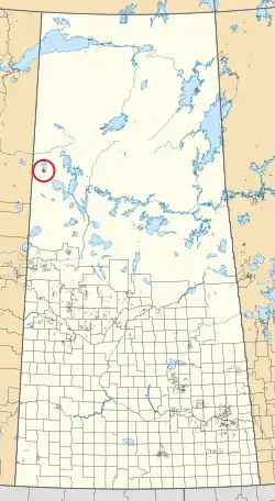A map of the province of Saskatchewan showing 297 rural municipalities and hundreds of small Indian reserves. One is highlighted with a red circle.