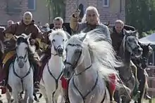 Image 39Folkloristic reconstruction of the Company of Death led by Alberto da Giussano who is preparing to carry out the charge during the battle of Legnano at the Palio di Legnano 2014 (from Culture of Italy)