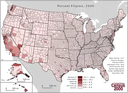 Map of the United States showing the distribution of Filipino Americans