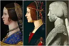 Beatrice would not be the woman portrayed in the Portrait of a Lady by Ambrogio de Predis at the Pinacoteca Ambrosiana in Milan, which for a long time was attributed to her: the facial features are very dissimilar from those of her certain portraits, nor is there the usual coazzone. Investigations between 2010 and 2013 by Martin Kemp/Pascal Cotte&nbsp;[fr] and a German researcher brought to light strong evidence that the true sitter of the painting is not Beatrice d'Este but Anna Maria Sforza.