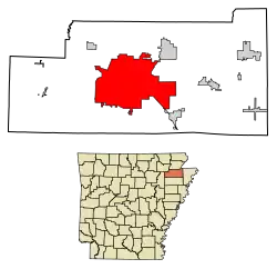 Location of Jonesboro in Craighead County, Arkansas.