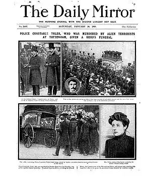 Four photographs under the newspaper's title. The pictures show: 1. The commissioner of police and a minister in the Home Office. 2 and 3. The hearse being loaded and in procession. 4. Constance Tyler's widow.