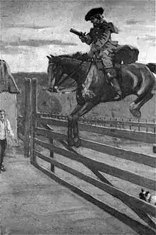 A monochrome illustration of a man on horseback, jumping a wooden gate. He is wearing a wide-brimmed hat, coat, trousers, and long boots. His left hand holds the reins, in his right hand is a pistol. A man stands in the near distance, in front of a toll booth, with a shocked expression on his face. Obscured by the gate, a small dog watches proceedings.