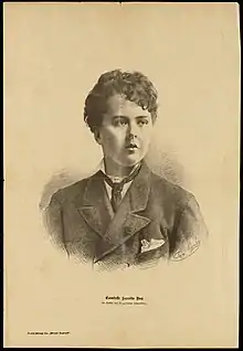 Drawing of a short-haired girl dressed in a man's suit and tie.