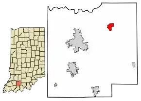 Location of Dubois in Dubois County, Indiana.