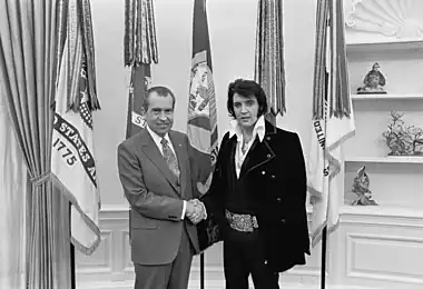Image 15Elvis Presley meets Richard NixonPhotograph: Oliver F. AtkinsAmerican singer Elvis Presley meeting then-president Richard Nixon on December 21, 1970. During the meeting, the singer expressed his patriotism and his contempt for hippies, the growing drug culture, and the counterculture in general. Presley then asked Nixon for a Bureau of Narcotics and Dangerous Drugs badge, to signify official sanction of his patriotic efforts. Nixon gave Presley the badge and expressed a belief that Presley could send a positive message to young people and that it was therefore important he retain his credibility.More selected pictures