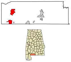 Location of Atmore in Escambia County, Alabama.