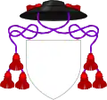 Hat sable with cords purpure and three tassels gules per side, used by Anglican deans in place of a helmet