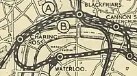 A map with different dashed lines marking routes of proposed railways. Two of which are labelled "A" and "B".