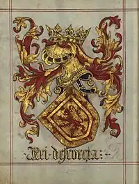 The Royal Arms of Scotland  Or a lion rampant Gules within a double tressure flory-counter-flory of the second