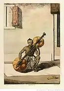 1808-1812. Illustration of a bīn, labeled "qaplious". Plucked stick zither.