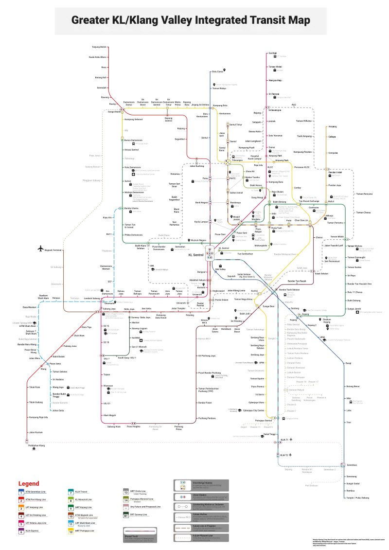 Klang Valley Integrated Transit System Map that include proposed and current lines