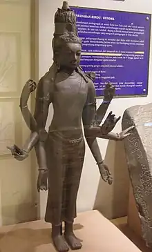 A photo taken from the National History Museum of Kuala Lumpur. An 8th-9th century bronze standing 8-armed Buddhist Avalokitesvara statue found at Anglo Oriental, Bidor, Perak tin mine in year 1936. 79&nbsp;cm height.