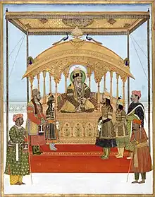 Akbar II holding audience on the Peacock Throne.