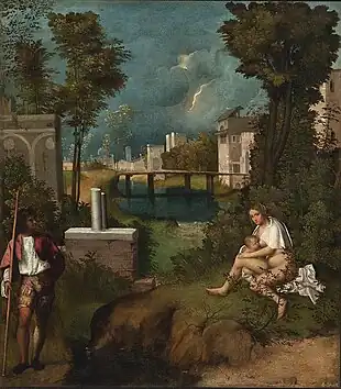 Oil painting. A mysterious landscape with Classical ruins. A man stands to the left, and to the right a nude woman feeds a baby