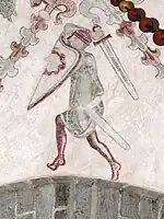 Painting of a fighter with sword, helmet and kite shield, fresco in Gothem Church, c. 1300.