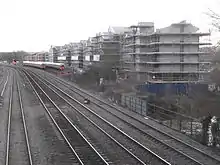 View of Oxford University Castle Mill graduate housing from Walton Well Road railway bridge.