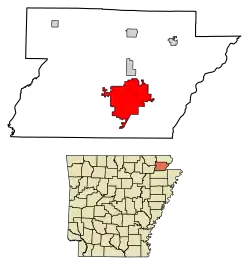 Location of Paragould in Greene County, Arkansas.