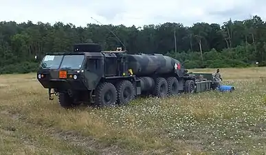 HEMTT M978A4 9,500-liter (2,500&nbsp;U.S.&nbsp;gal) capacity fuel tanker with M989 HEMAT trailer
