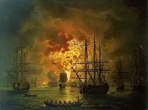 The destruction of the Ottoman fleet in the Battle of Chesma, 1770.