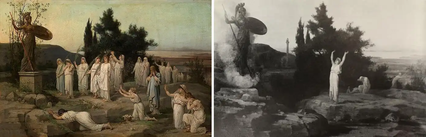 Two versions of Minerve Poliade sur l'Acropole d'Athènes: left, the first version (private collection), and right, the second and final version shown at the Paris Salon of 1878, now at the Musée Boucher-de-Perthes&nbsp;[fr], Abbeville.