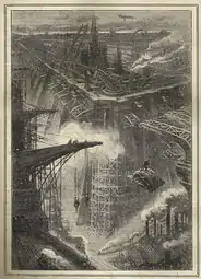 Henri Lanos illustrates Un monde sur le monde, a dystopian novel co-written with Jules Perrin&nbsp;[fr] and serialized in Nos loisirs&nbsp;[fr] magazine (1910-1911).