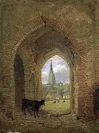 View through the archway of the Cow Tower, Norwich, showing the Dean Meadow (1840), Norwich Guildhall.
