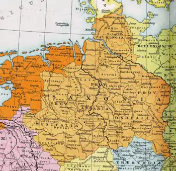 The later stem duchy of Saxony (c. 1000 AD), which was based in the Saxons' traditional homeland bounded by the rivers Ems, Eider and Elbe