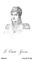Sketch of a wavy-haired man in a high-collared military uniform with epaulettes.