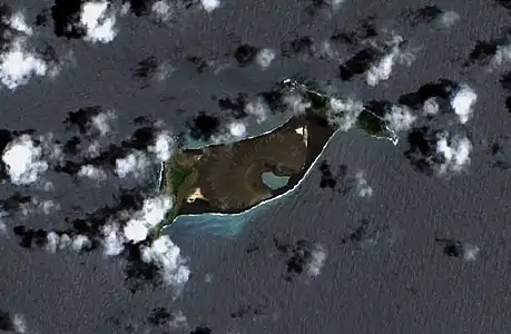 Sentinel-2 image of Hunga Tonga–Hunga Haʻapai island on 20 December 2021 (the only major subaerial part of the volcano) formed a single island from 2015 to 2022 .