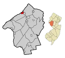 Location of Hampton in Hunterdon County highlighted in red (left). Inset map: Location of Hunterdon County in New Jersey highlighted in orange (right).
