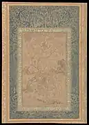 Tinted drawing of a hawk attacking a heron in landscape. From an muraqqa for Muhammad Quli Qutb Shah. Possibly Iran, c. 1550-1600