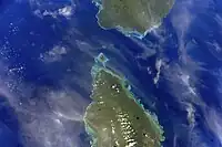 NASA Satellite image with Savai'i (top) and Upolu (bottom) with Apolima and Manono islands between them.