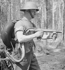 A British World War II–type &quot;lifebuoy&quot; flamethrower in 1944