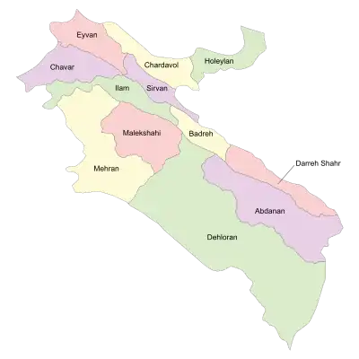 Location of Holeylan County in Ilam province (top right, green)
