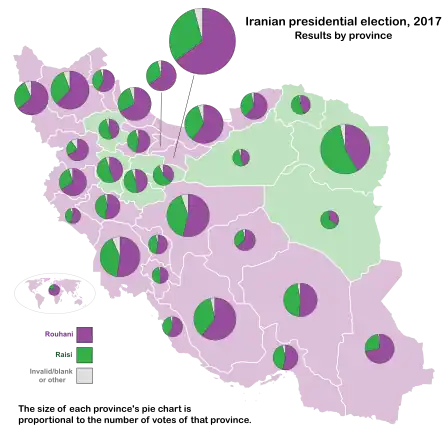 Iranian presidential election, 2017 by province. The size of each pie chart is proportional to the total votes of each province.