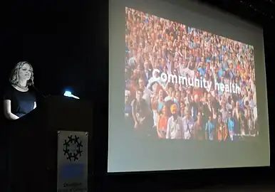 Katherine Maher addressing Wikimedians on second day of Wikiconference India 2016