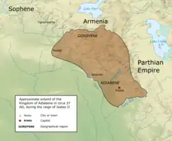 The Kingdom of Adiabene in c. 37 AD at its greatest extent, during the reign of Izates II