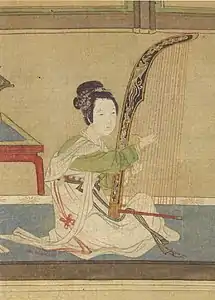 Konghou angular harp, shown on painted silk (1494–1552)