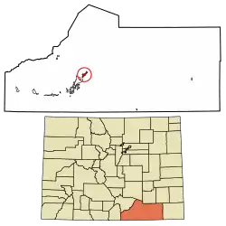 Location of the Hoehne CDP in Las Animas County, Colorado.