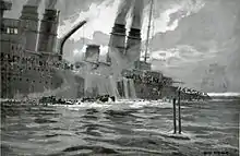 The sinking of the French battleship-cruiser Léon Gambetta on 27 April 1915, after a painting by Kircher