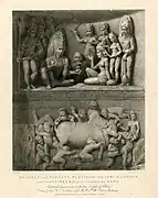"Mahadeo and Parvati, playing at the game of Chosur, and the sacred Bull attended by Gana"