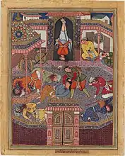 Mahiya frees Zambur, Beheads his sleeping guards, and suspends Gharrad in his stead HamzanamaHarvard Art Museum